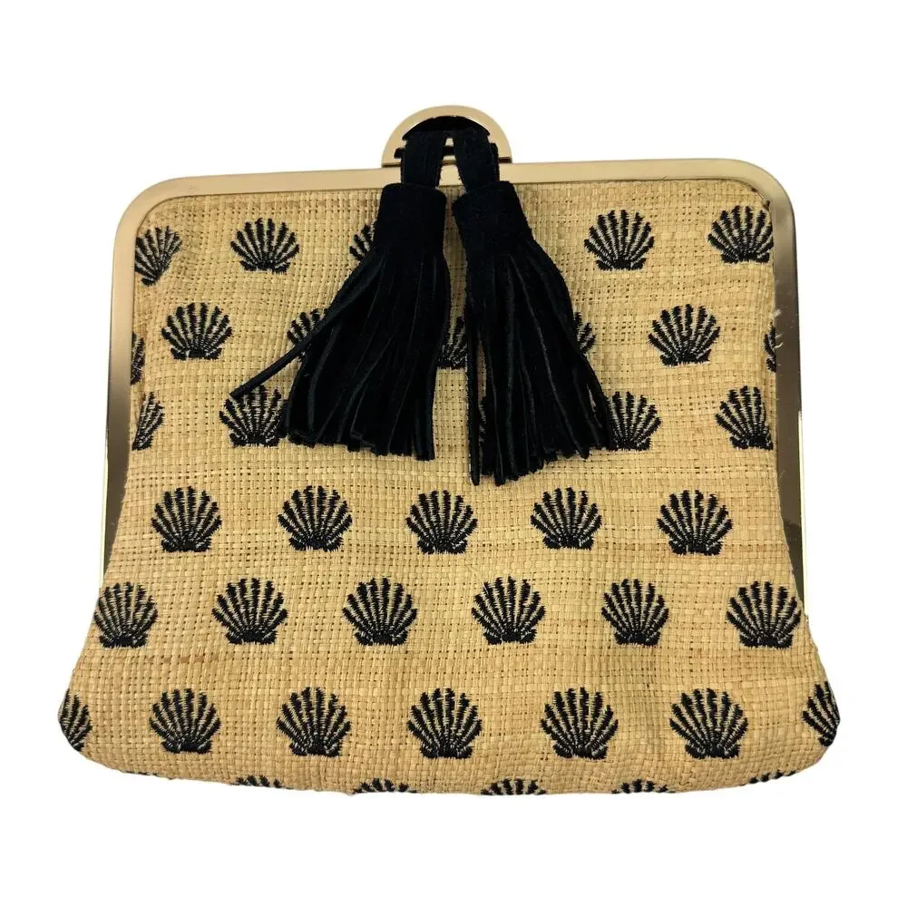 ISTI Clutch Bag Tan Gold Black Raffia Suede SeaShell Tassels Pouch Snap Beach